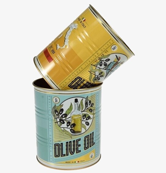 Bild av retro plåtburkar med olivolja och Italien-tema