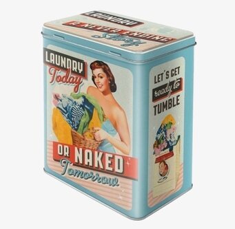 Bild av retro plåtburk med vintage tvättmedelsdesign