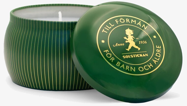 Doftljus Barrskog från Solstickan i mörkgrön burk med guld