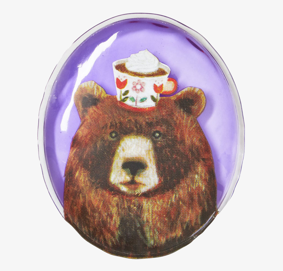 Handvärmare från Rice med björn och kopp på lila bakgrund