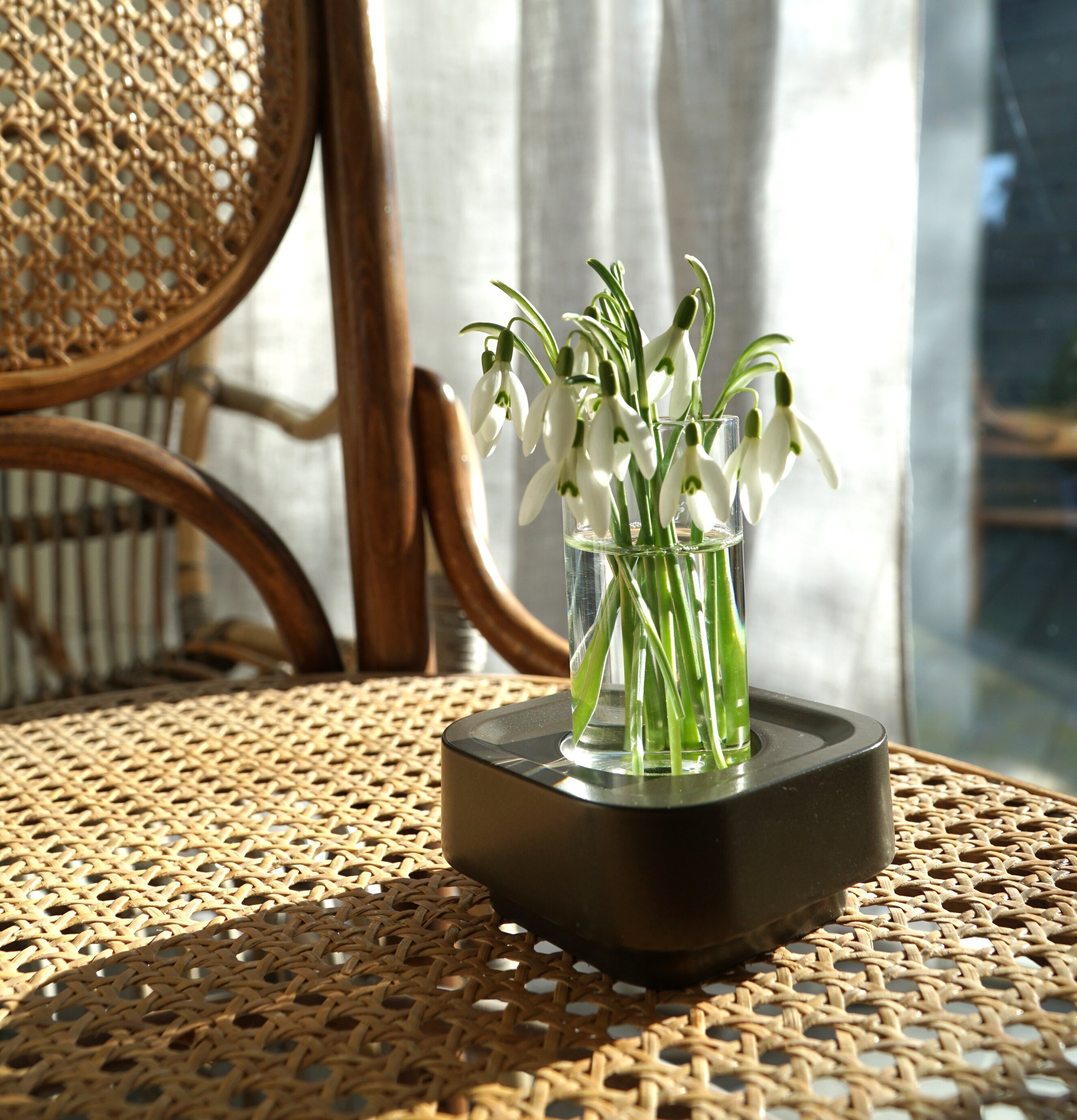 Stumpastaken Ettan Coffee Bronze på ett rottingbord