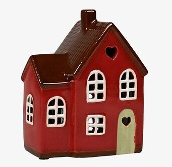 Bild av charmig röd ljuslykta i husform med detaljer