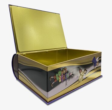 Bild av fantasifull plåtburk i bokform för julen