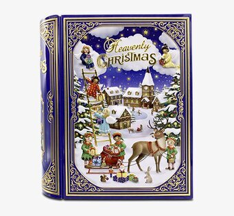 Bild av plåtburk med julmotiv och vinterlandskap