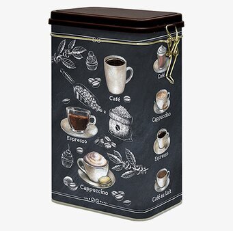 Bild av vintageinspirerad kaffeburk med kritteckningar