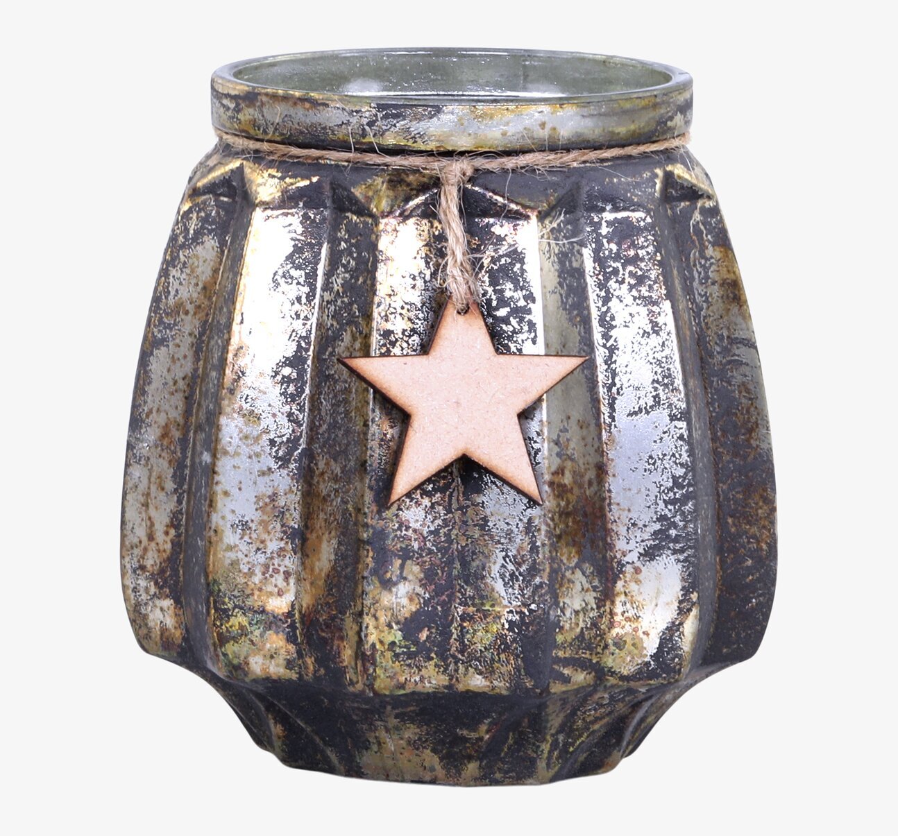 Bild av ljuslykta med stjärna och åldrad glasdesign