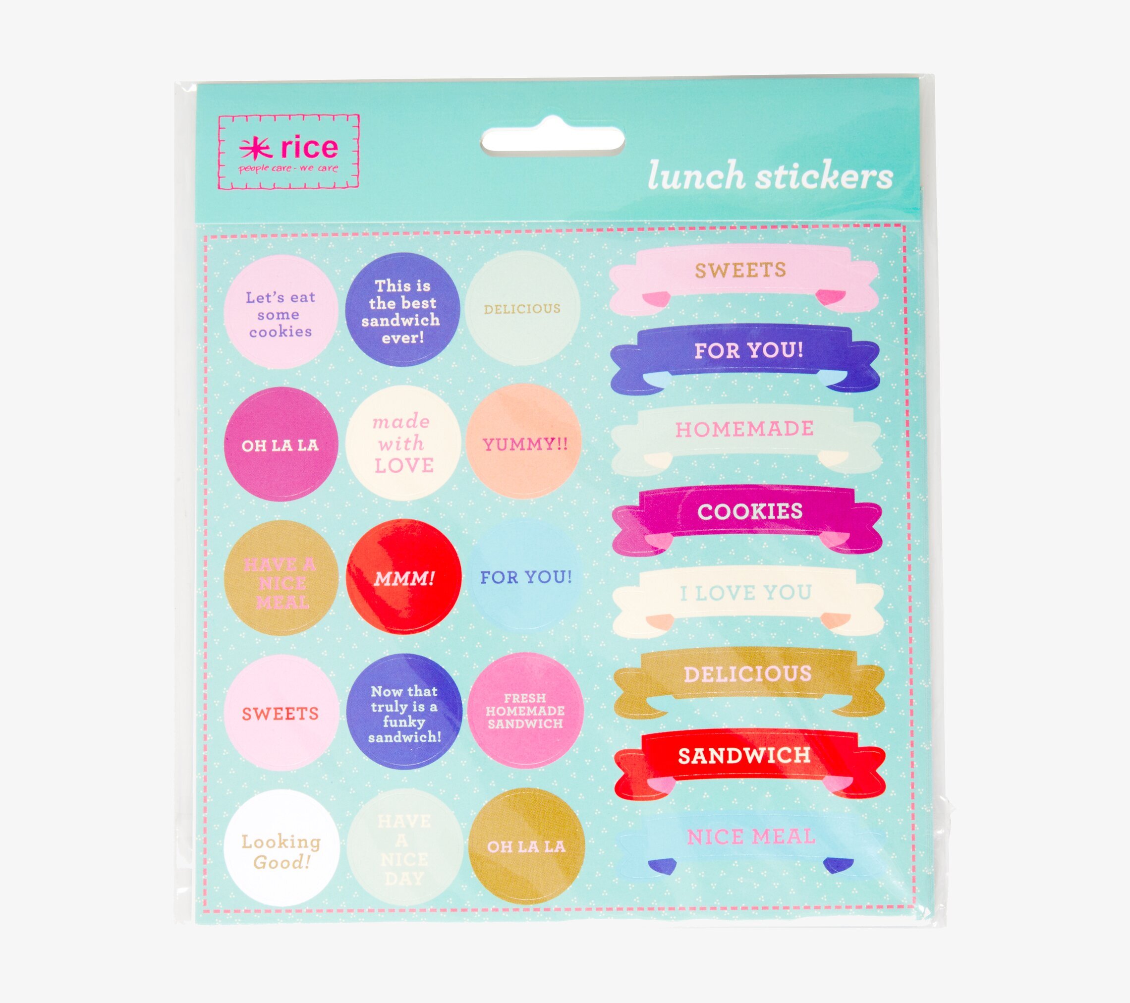 Lunchetiketter från Rice i färgglada former och glada budskap