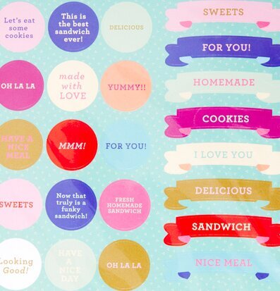 Rice Lunchetiketter i olika färger och former för matlådor