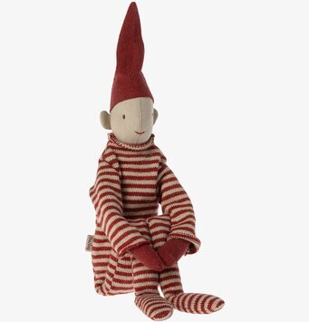 Long Legged Pixy från Maileg i röd- och vitrandig overall