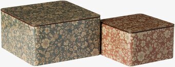 Bild av två dekorativa plåtburkar med blommönster