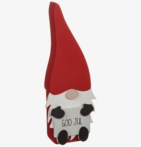 Tomte God Jul från Different Design med röd luva och plakat