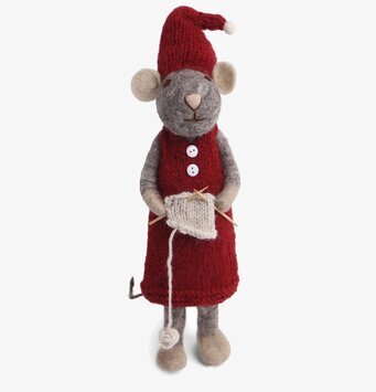 Gry & Sif - Julmus Grå 60cm i filtmaterial med röd klänning