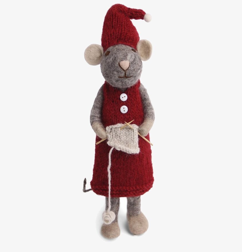 Gry & Sif - Julmus Grå 60cm i filtmaterial med röd klänning