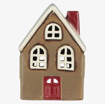 Bild av ljuslykta med röd dörr och keramikhusdesign