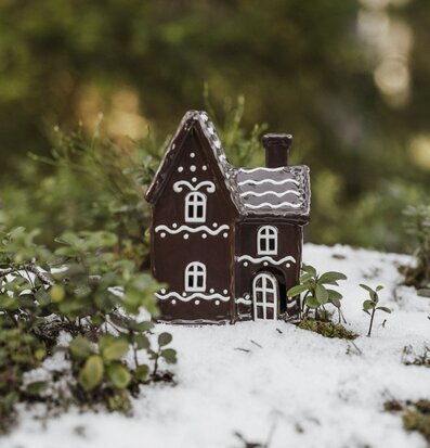 Bild av ett charmigt vinterlandskap med ljuslykta