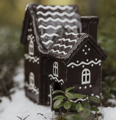 Bild av detaljrik pepparkakshuslykta i vinterskog