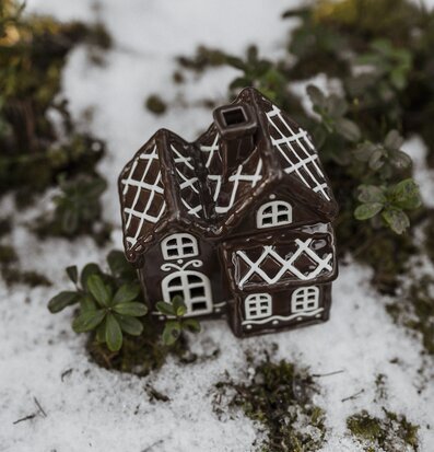 Bild av charmigt pepparkakshus i vintrig miljö