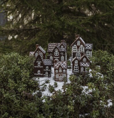 Bild av idylliska pepparkakshus i vintrigt landskap