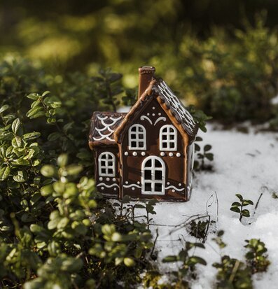 Foto av detaljrik miniatyr av pepparkakshus i naturen