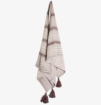 Pläd Tora Brun/Beige från Strömshaga hänger på vit vägg