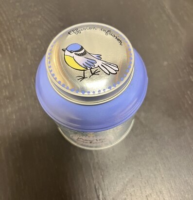 Foto av charmig blå plåtburk med fågelillustration