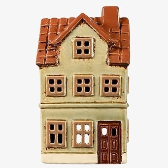 Bild av dekorativt ljuslykta i keramik som ett hus