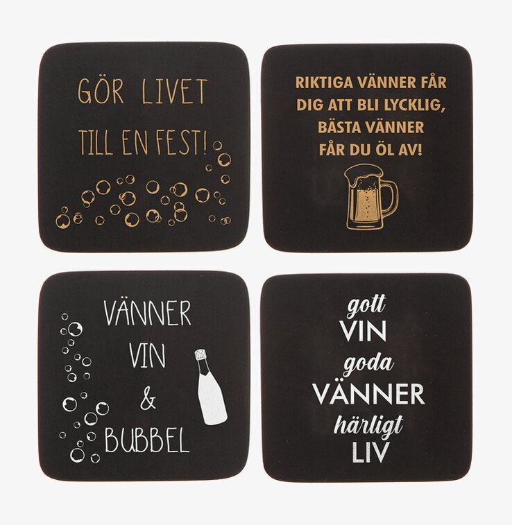 Glasunderlägg Svart Med Text - Presentförpackad 4-pack Different Design