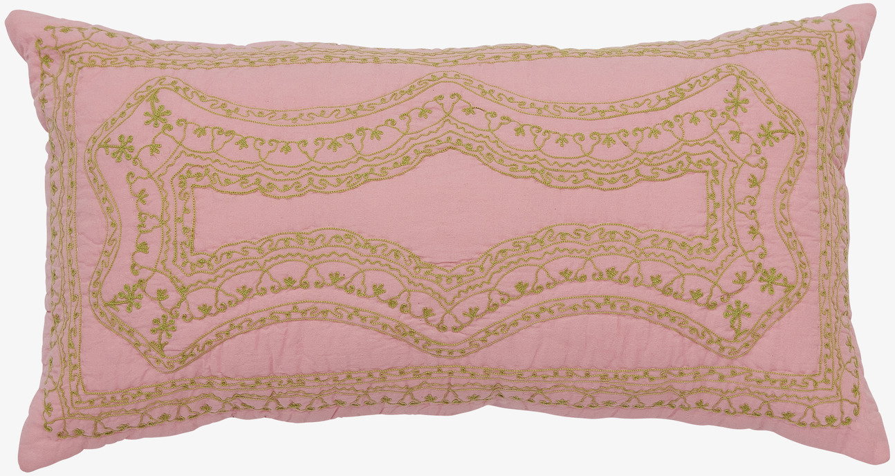Prydnadskudde Rosa/Grön från Rice med grönt broderi