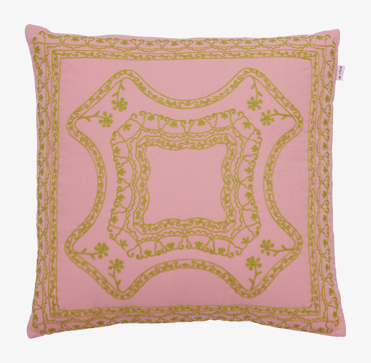 Prydnadskudde Rosa/Grön från Rice med broderade mönster