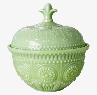 Opaque American Glassware Grön från Rice med lock och mönster