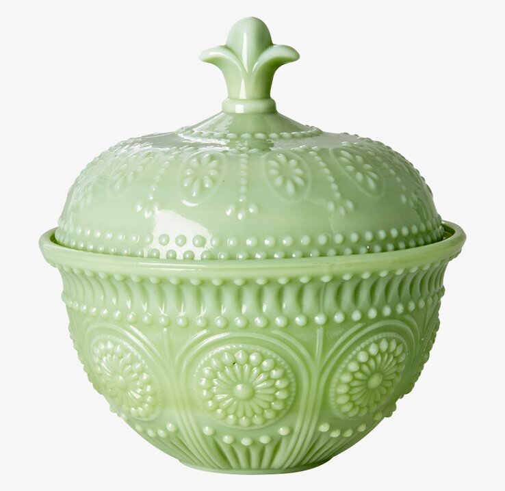 Opaque American Glassware Grön från Rice med lock och mönster