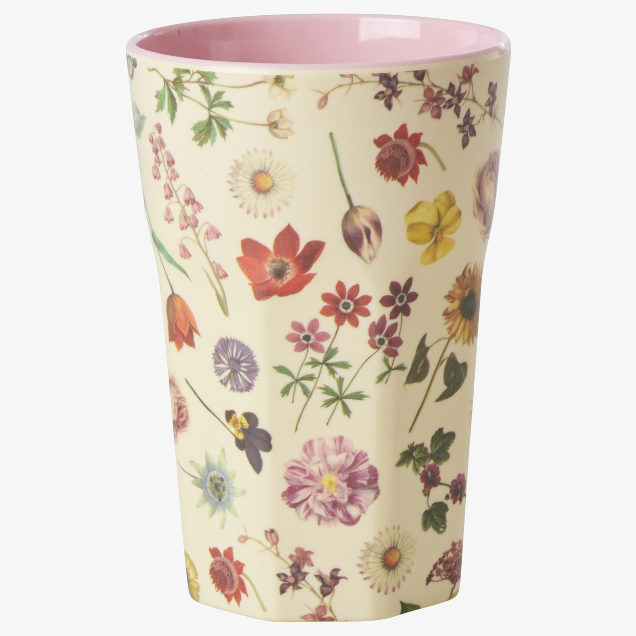 Bild av mugg med blommigt mönster och pastellfärger