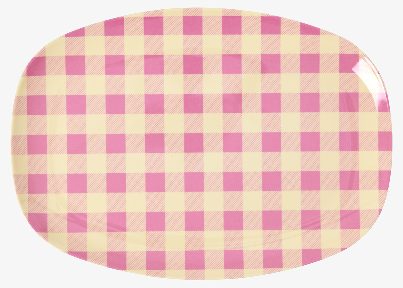Tallrik Check It Out Print från Rice med rosa-gult rutmönster