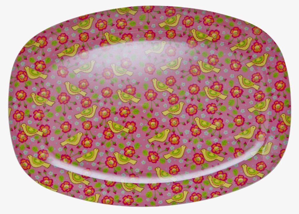 Tallrik Fågel från Rice med färgglatt fågel- och blommönster