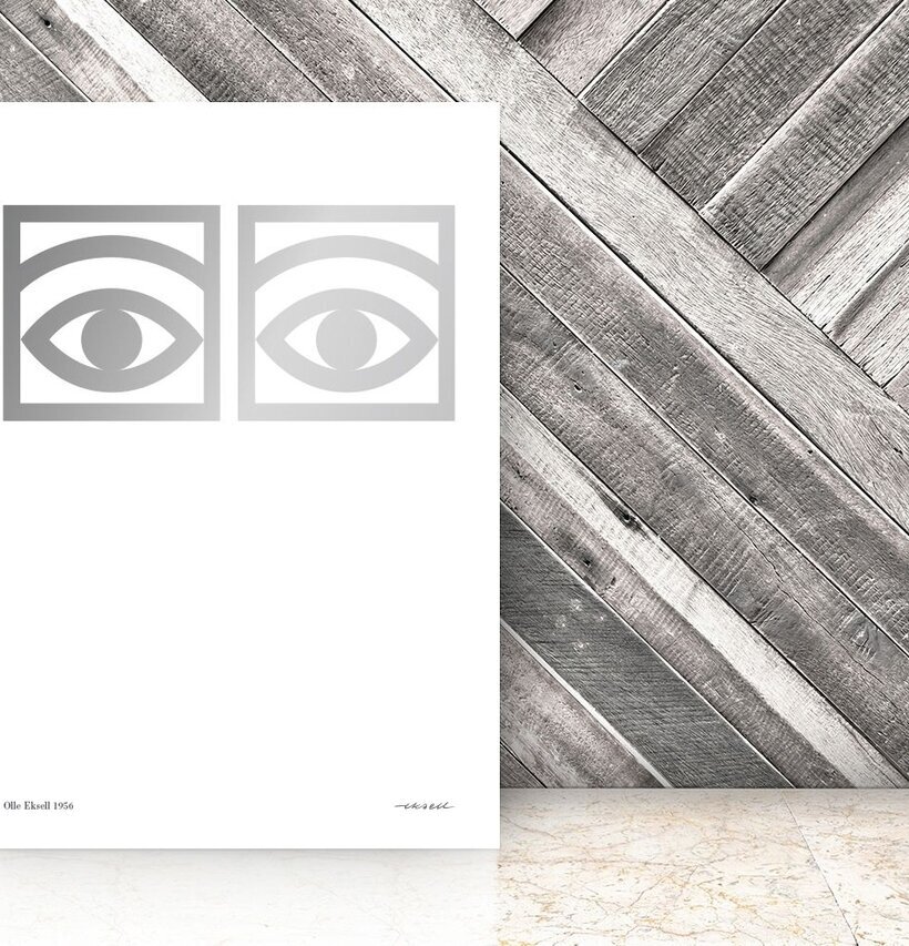 Affisch Ögon Cacao Silver av Olle Eksell mot rustik bakgrund