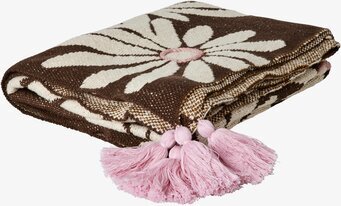 Bomullsfilt Brun från Rice med vita blommor och rosa tofsar