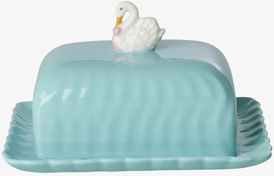 Smörfat Med Lock Svan från Rice, ljusblå med vit svan