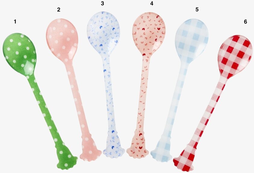 Kort Sked Akryl från Rice, sex färgglada mönstrade skedar