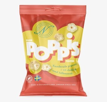 Foto av färgglad förpackning med kanderade popcorn
