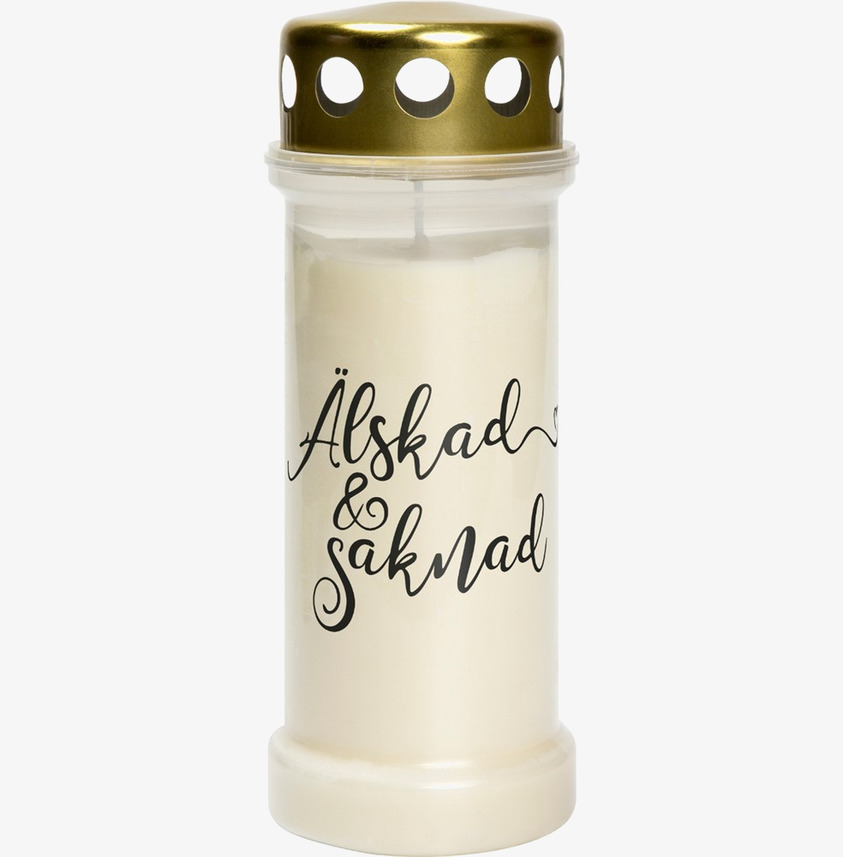 Bolsius Gravljus Älskad & Saknad med guldlock och text