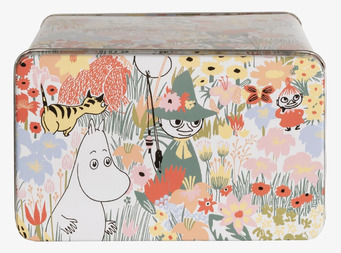 Bild av färgglad plåtburk med Muminmotiv och blommor