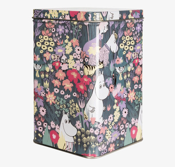 Bild av färgglad kaffeburk med Muminmotiv och blommor