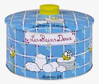 Bild av dekorativ plåtburk med blått och gult tema