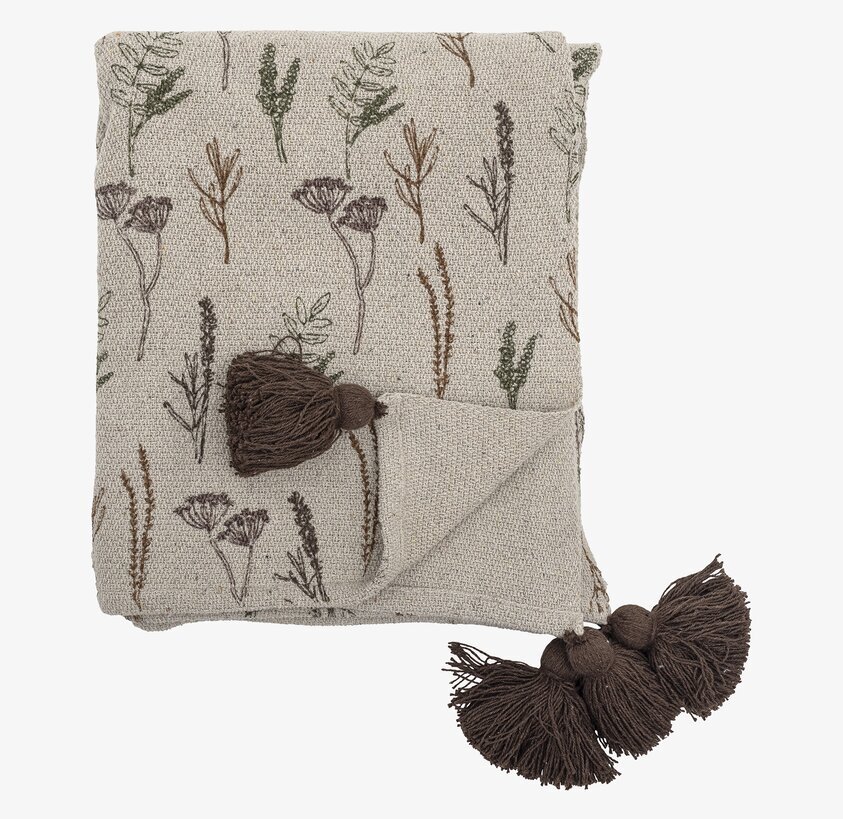 Pläd Pyle Natur från Bloomingville med broderade växtmotiv