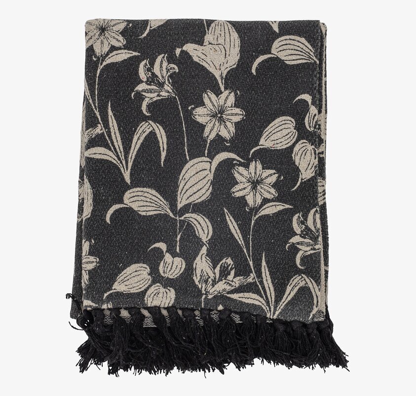 Pläd Mali Svart/Natur från Bloomingville med botaniskt mönster