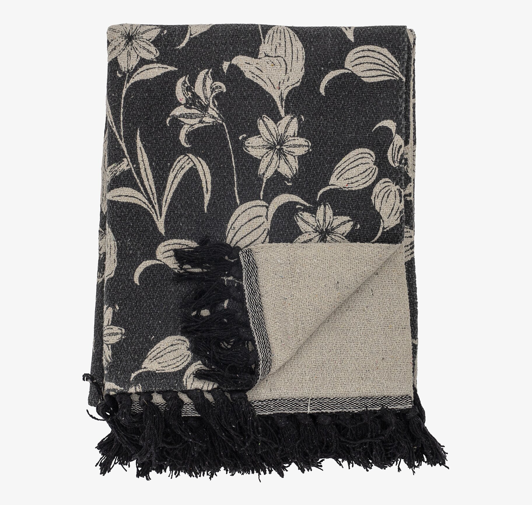 Pläd Mali Svart/Natur från Bloomingville med blommönster