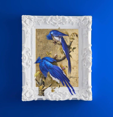 Tavla Vogi från Werner Voss med två blå fåglar på en gren