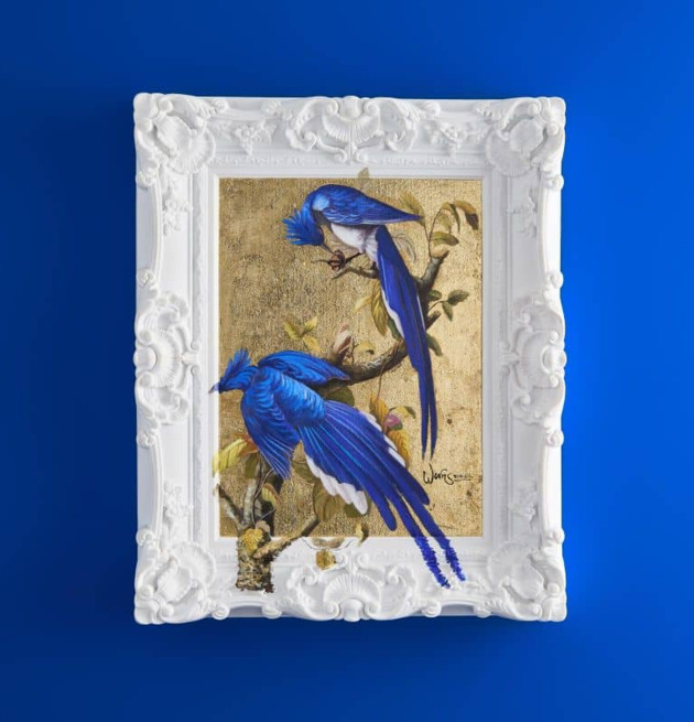 Tavla Vogi från Werner Voss med två blå fåglar på en gren