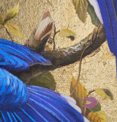 Tavla Vogi från Werner Voss med blå fågel och gyllene bakgrund