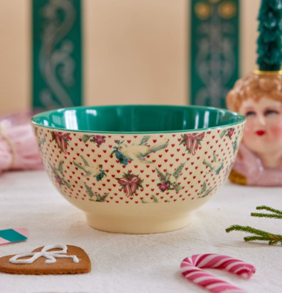 Skål Dove Print från Rice med fågel- och hjärtmönster